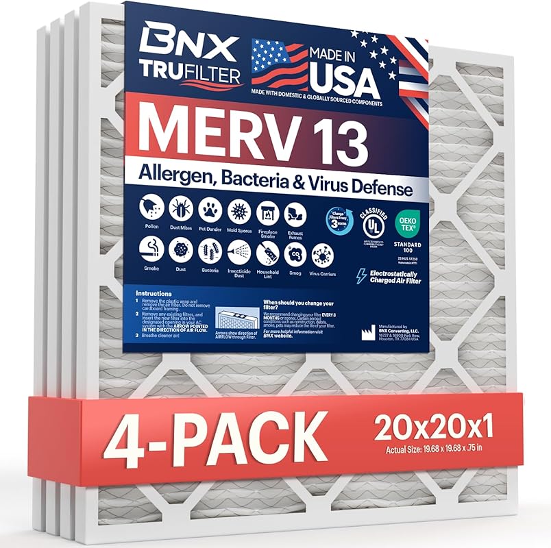 BNX TruFilter 20x20x1 MERV 13 Air Filter 4-Pack for AC Furnace HVAC