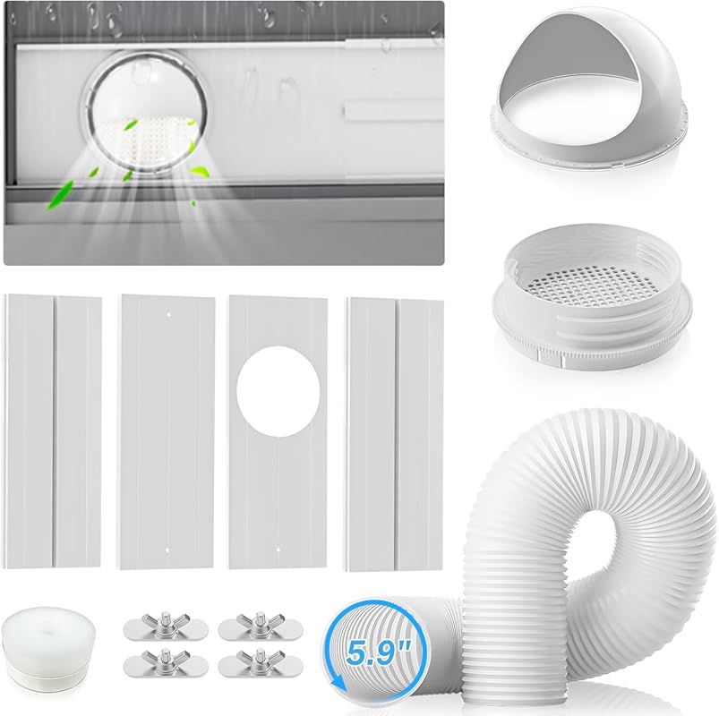 Portable AC window vent kit with 5.9-inch hose, universal coupler, and