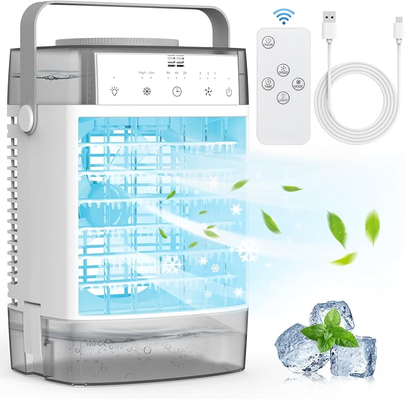 Personal Portable Air Cooler with 1000ml Tank, 3 Speeds, and LED Light