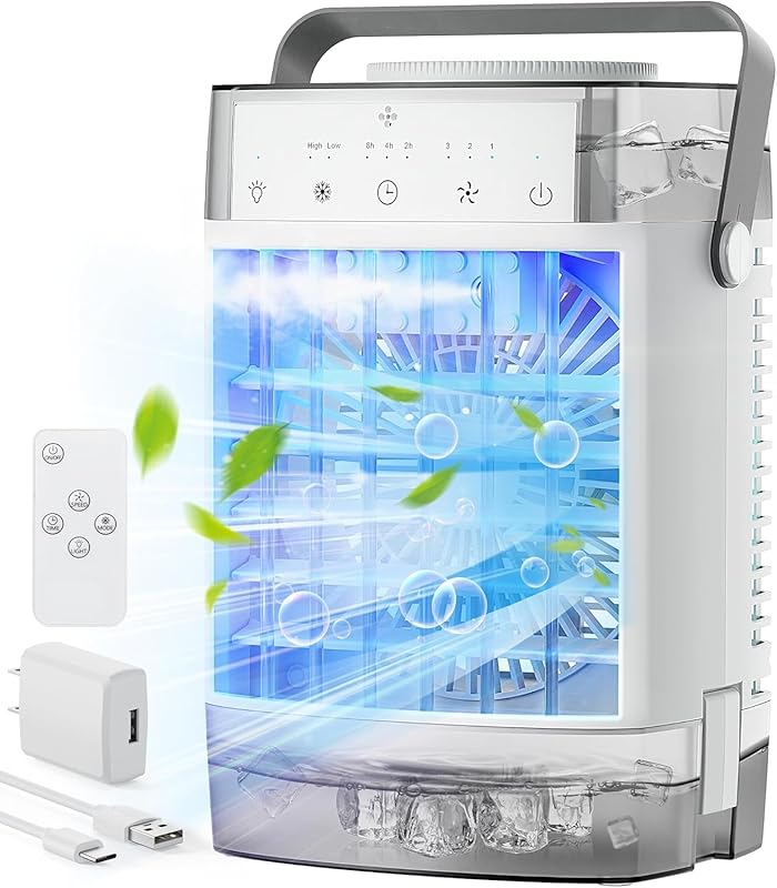 Mini Evaporative Air Cooler with Remote, Timer, and 7-Color Light for 