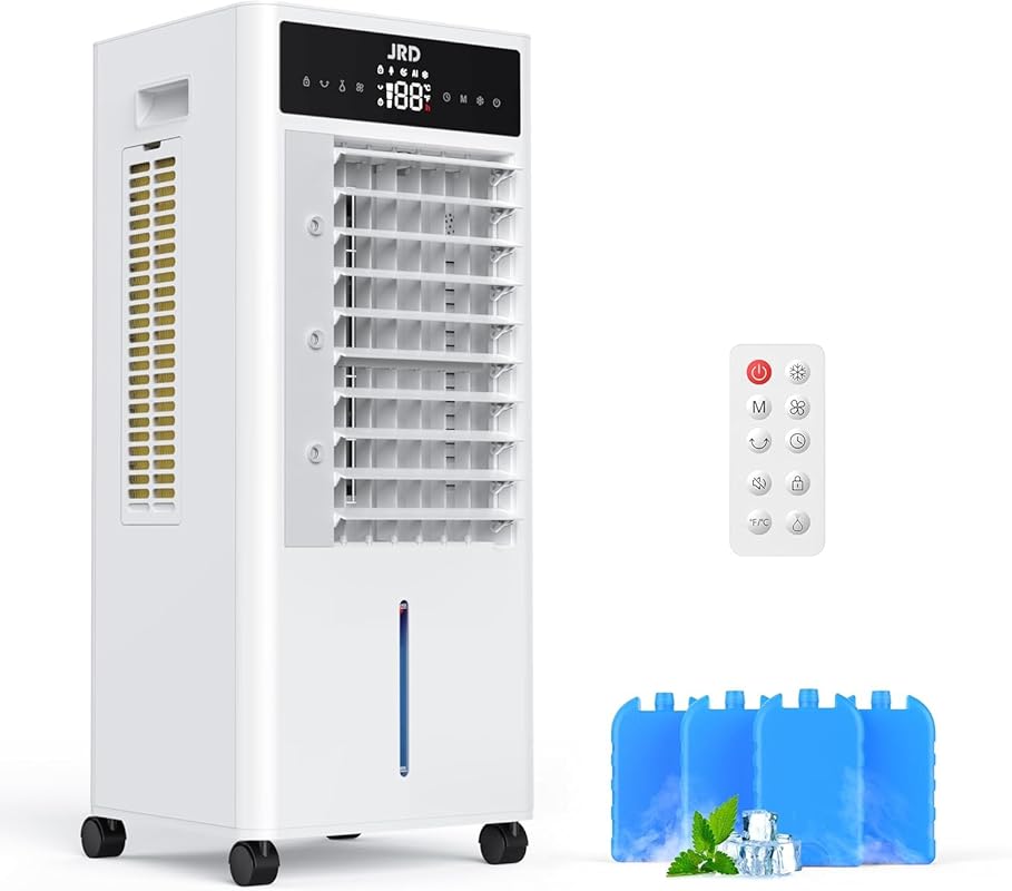 JRD Portable Air Cooler with Dual Tank, 4 Ice Packs, 12H Timer, and Mi